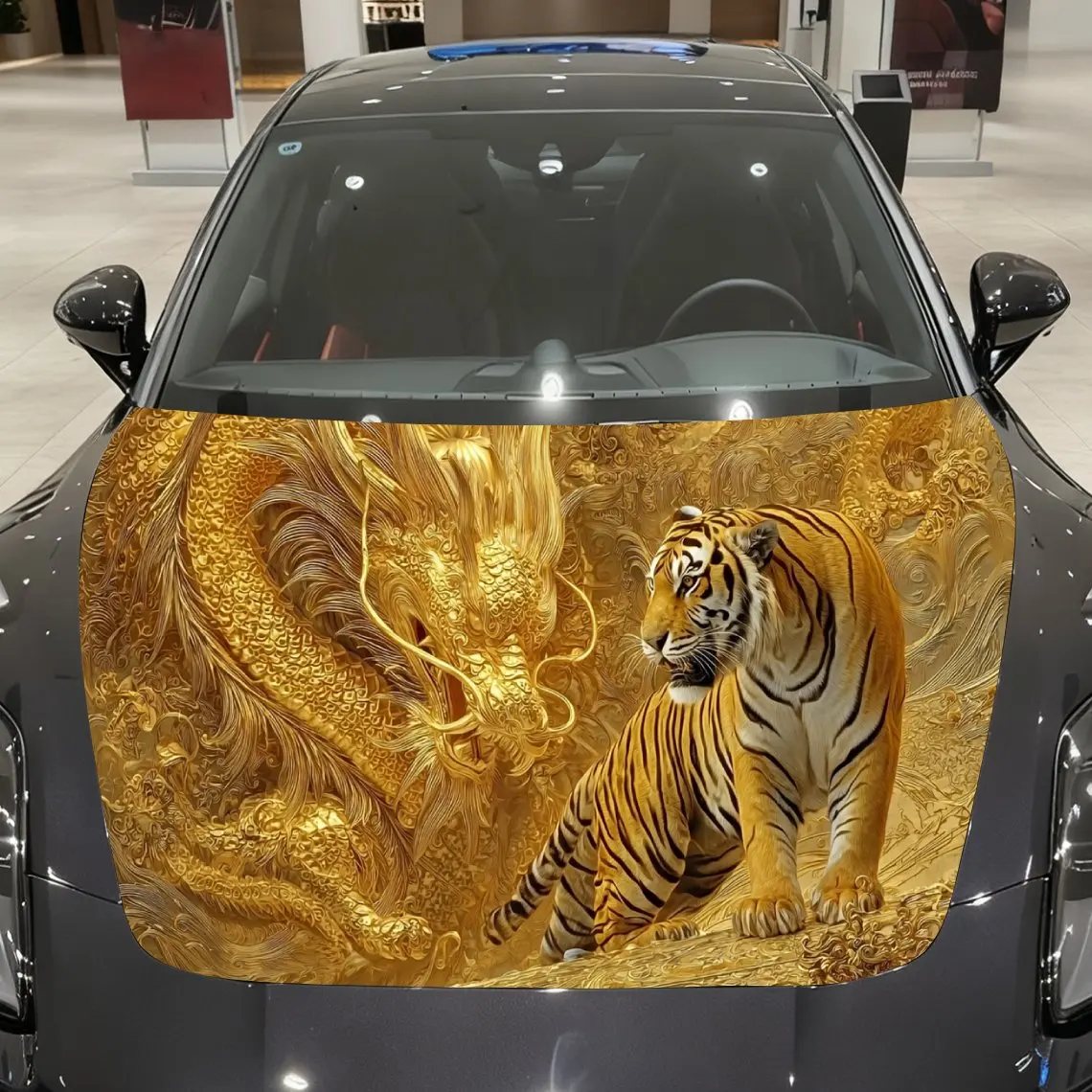 Luxurious Carved Dragon and Roaring Tiger Car Vinyl Wrap, PVC Material Waterproof Car Hood Sticker, Self-Adhesive Scratch-Resist