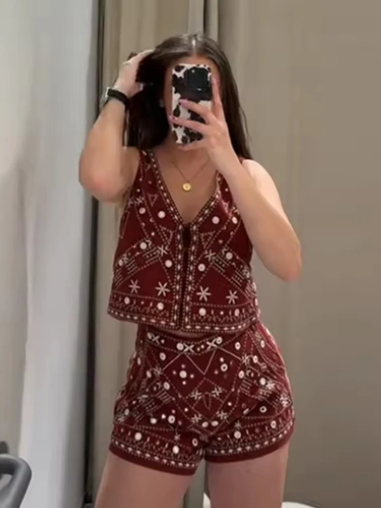 ZBZA, chaleco bordado para mujer, pantalones cortos, trajes con cuello en V, Mini pantalones con una botonadura, trajes para mujer, primavera, novedad de verano, conjuntos informales elegantes