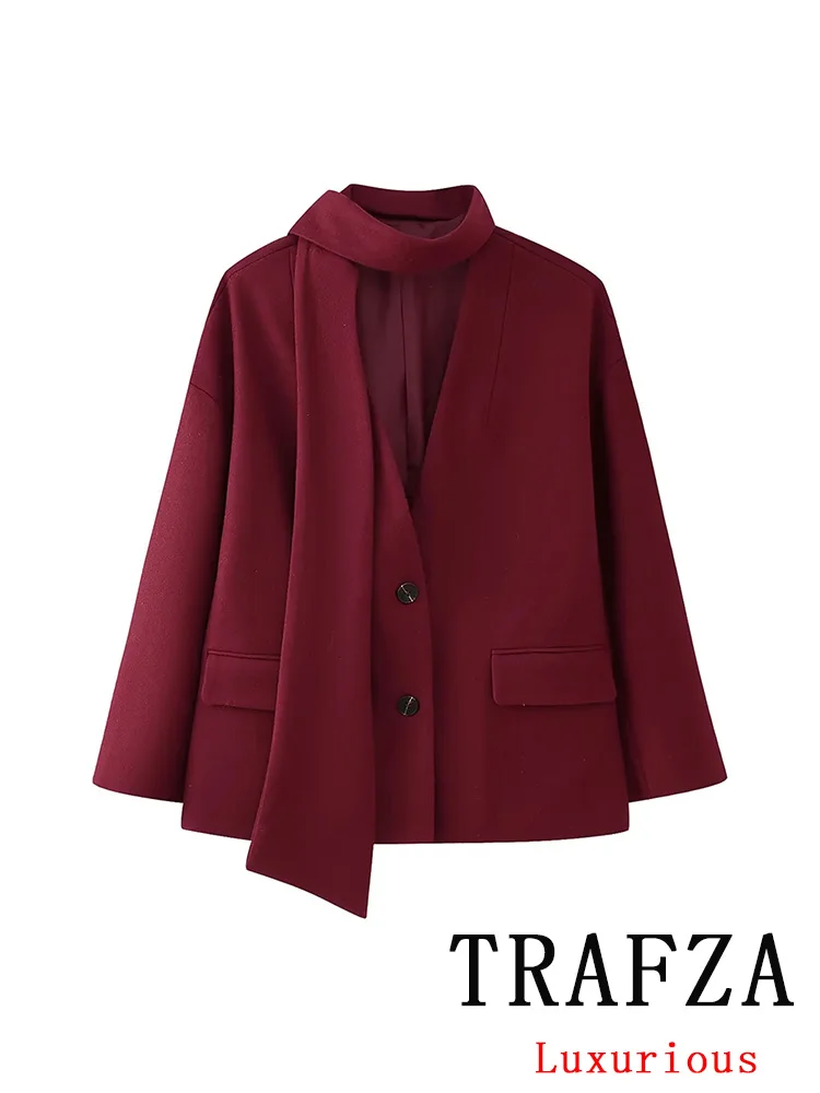 TRAFZA Casual Vintage Chic Women Overcoat Red Solid V-Neck Pockets Single Breasted Scarf Coat Fashion 2024 Autumn Winter Coat