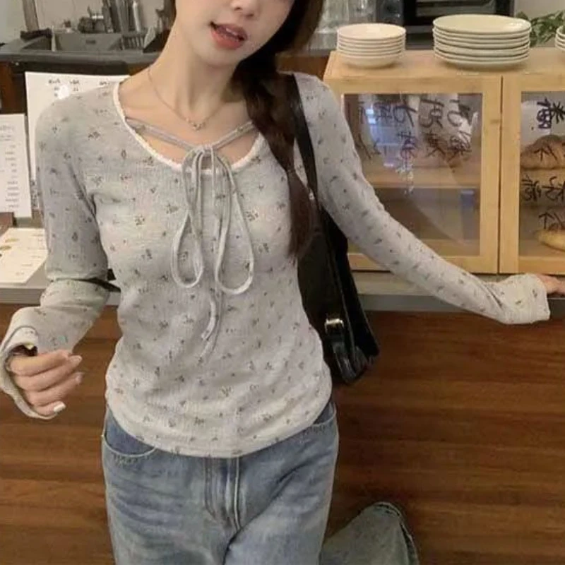 Long Sleeve T-shirts Women Lace Floral Drawstring Chic All-match Slim Korean Style Clothes Sweet Streetwear Casual Autumn Tops