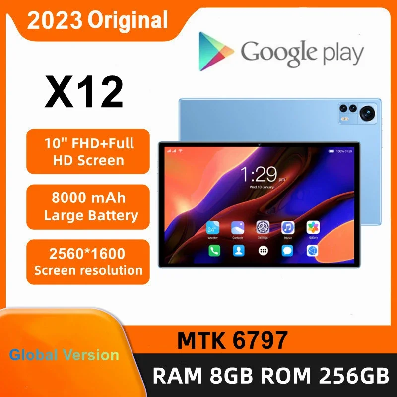 2023 Global Firmware NEW X12 Tablet Android 12 MTK6797 Tablet 10Inch 120Hz WQHD+display 8GB 256GB 8000mAh Battery 5G Tabtop