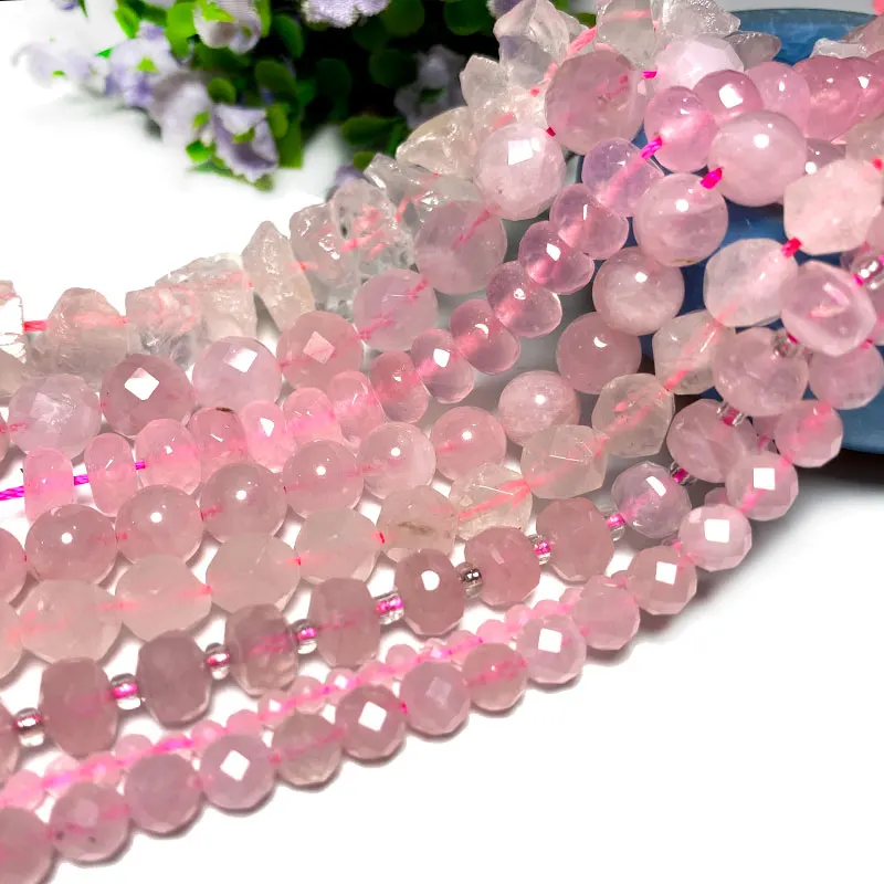 Wholesale Natural Stone Beads Rose Quartzs Pink Crystal Faceted Rondelle Square Irregular Round  for Jewelry Making Diy Bracelet