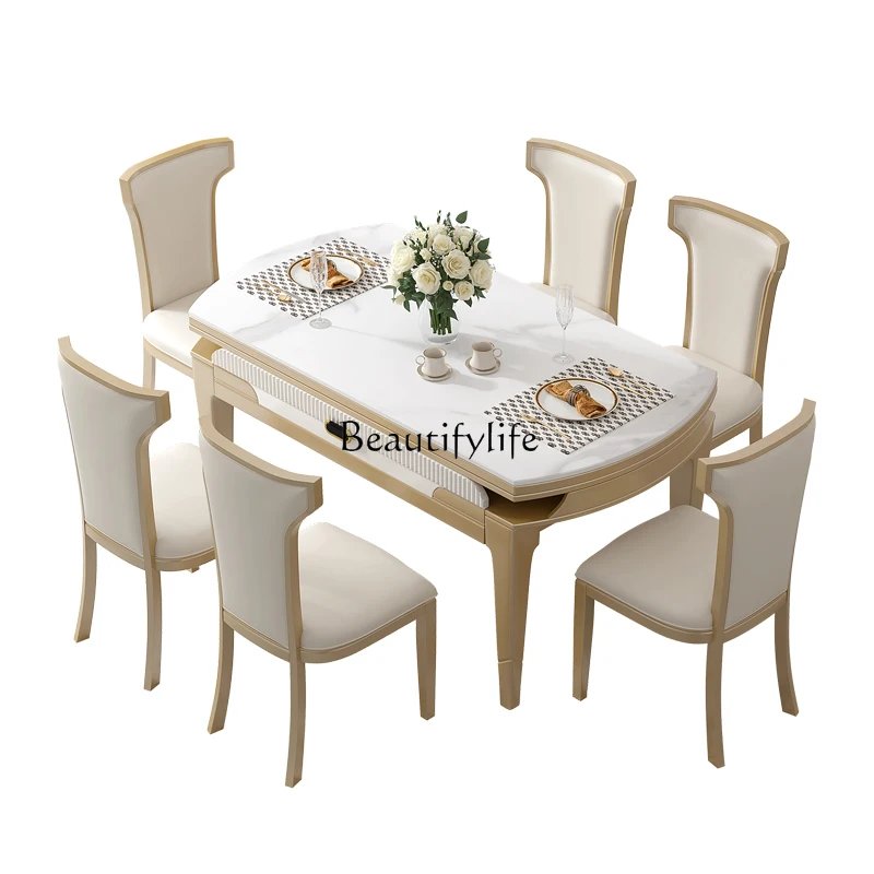 American light luxury rock slab dining table modern simple European retractable folding variable round table