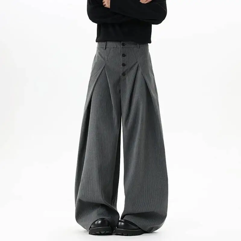 Simple New Men's Trousers Striped Contrast Color Design Casual Bottom Korean Style Pleated Wide Leg A-line Pants 9X7S8G