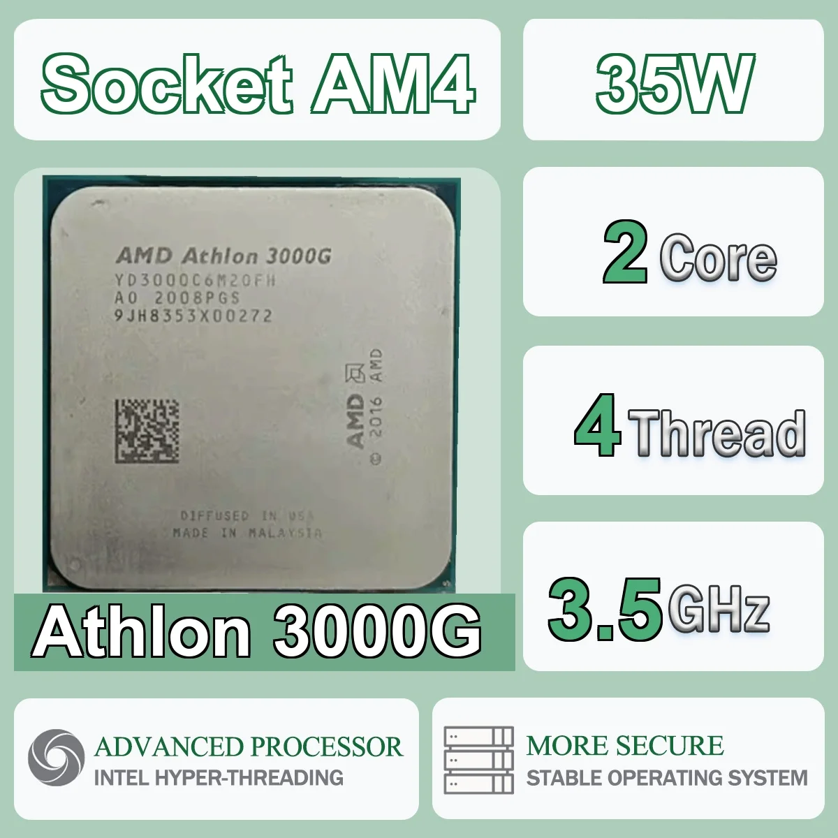 Procesador AMD Athlon 3000G de 2 Núcleos y 4 Subprocesos, 14NM, 3.5Hz/3.5GHz, L3=4MB, 35W, para Juegos, Socket AM4, DDR4, NUEVO, Sin Refrigerador, Sin Ventilador
