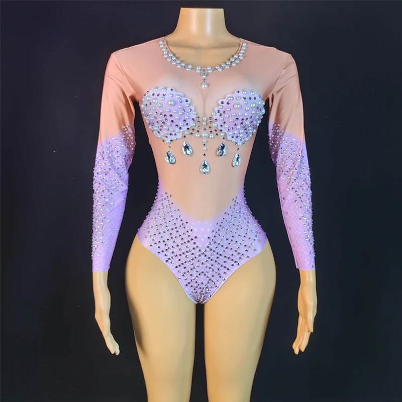 9 kleuren sexy mesh parels strass bodysuit vrouwen nachtclub halloween gogo kostuum vieren party outfits stadium slijtage xs10110