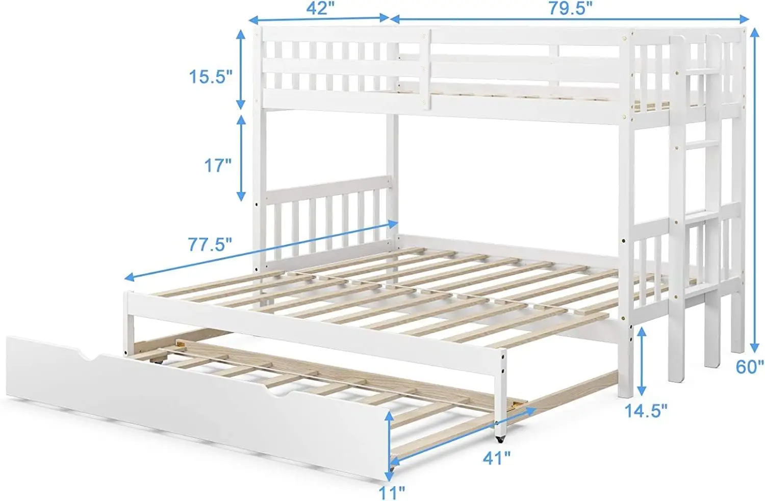 Twin Over Pull-Out Bunk Bed with Trundle, Extendable Twin/Full/Queen/King Bunk Bed, Solid Wood Bunk Bed with Ladder and Safety R