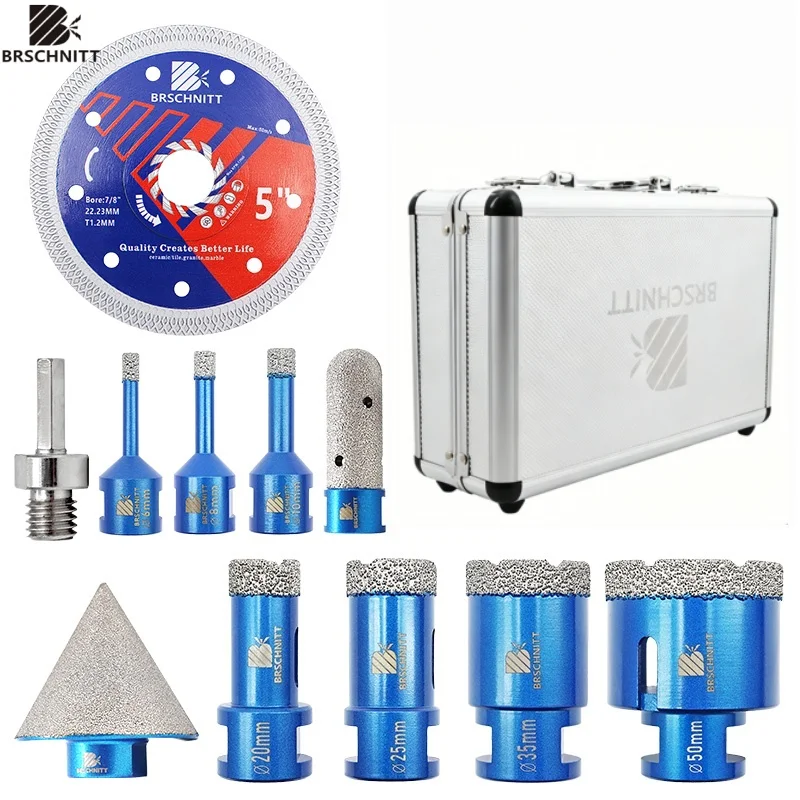 BRSCHNITT Kit de brocas de diamante, 11 piezas para perforar cerámica, mármol, granito, sierra perforadora, broca central, disco de corte, placa de corte