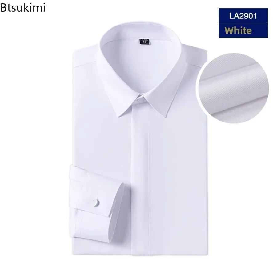 Men's Hidden Collar Bamboo Fiber Wrinkle Resistant Shirt No Ironing Business Casual Long Sleeve Shirt Wedding Groomsman Shirt
