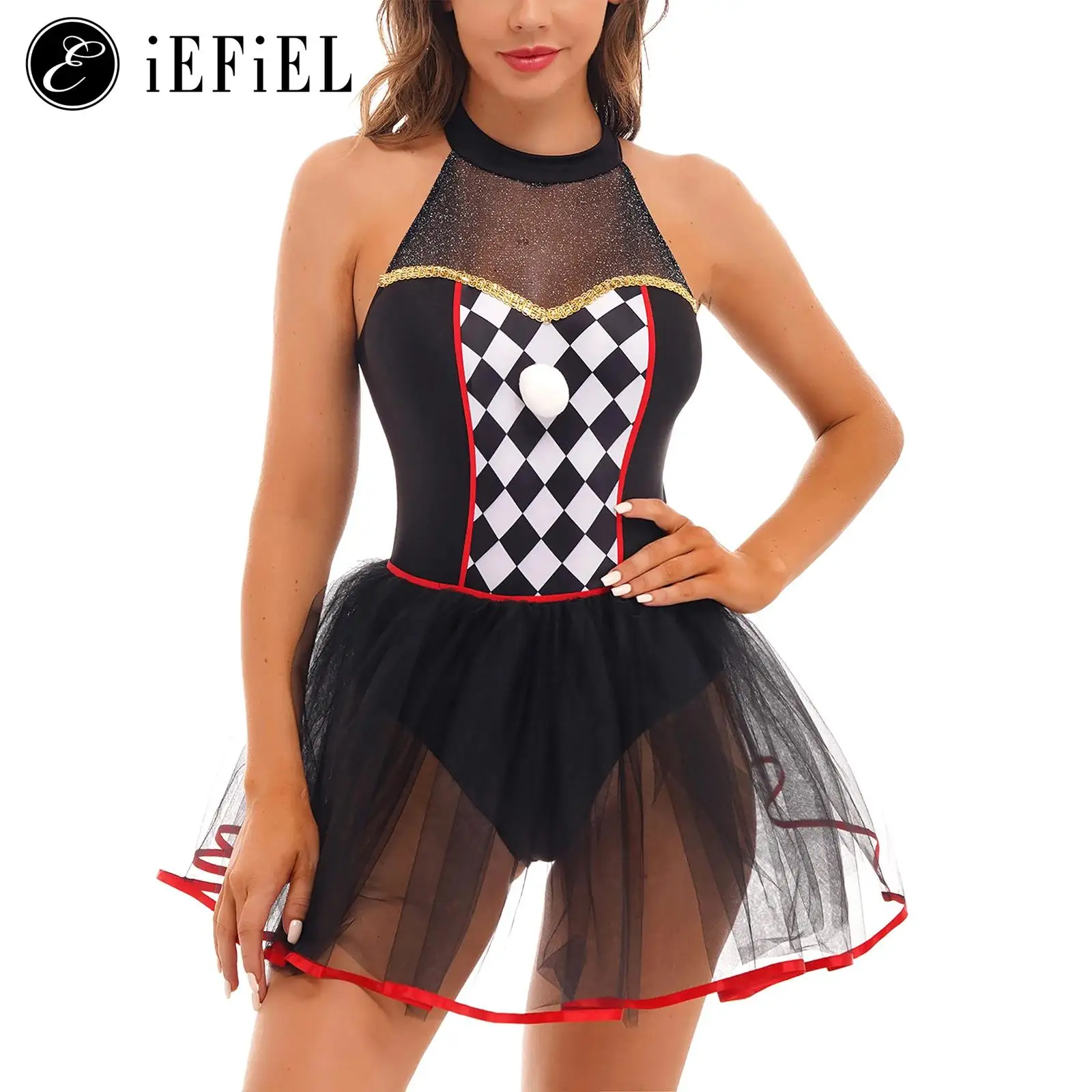 Women's Twisted Clown Halloween Costume Creepy Circus Halter Cutout Backless Mini Tutu Dress Crazy Clown Performer Fancy Dress