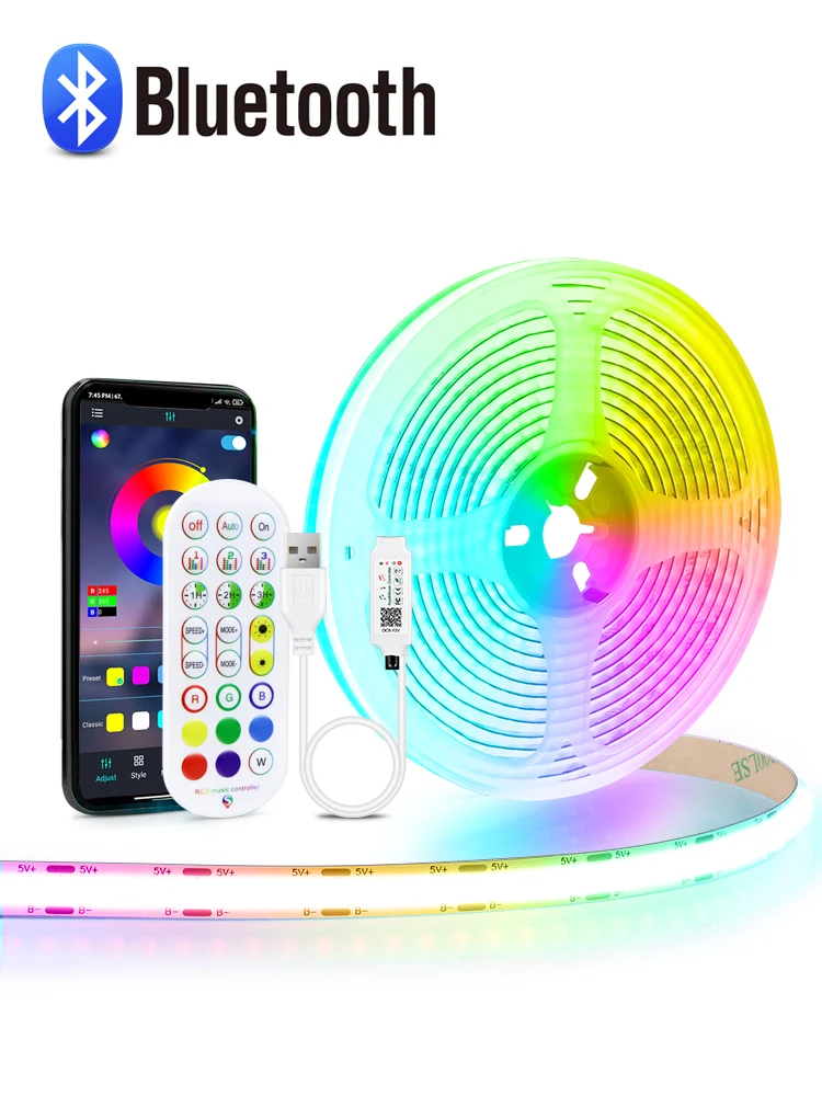 Bluetooth RGB COB LED-striplicht USB 5V Hoge dichtheid 576Leds / m Dimbare lineaire verlichting met 24-toetsen IR-afstandsbediening App-bediening - afbeelding 2