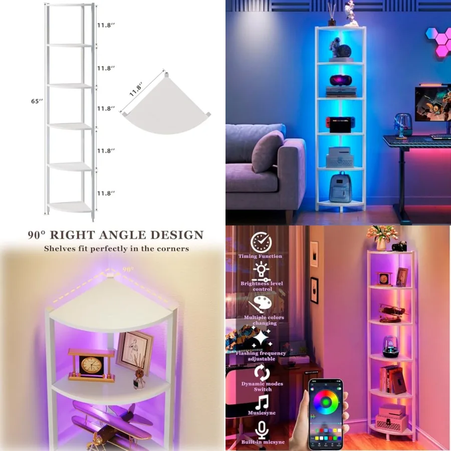 

Corner Shelf with LED Lights, 6-Tier Corner Bookshelf, 66'' Organizer Book Shelf Shelves Steel Frame Display Stand with Living
