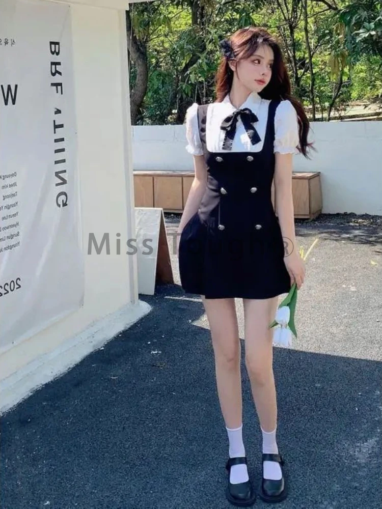 Preppy Style Fashion Y2k Sling Dresses Women Sweet Girl Bow Fake Two Piece Slim Dress Female Casual Outwear Party Mini Dress New