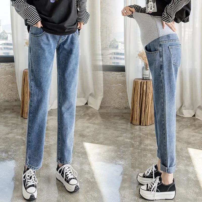 

2024 Pregnancy Abdominal Pants Boyfriend Jeans Maternity Pants For Pregnant Women Clothes High Waist Trousers Loose Denim Jeans