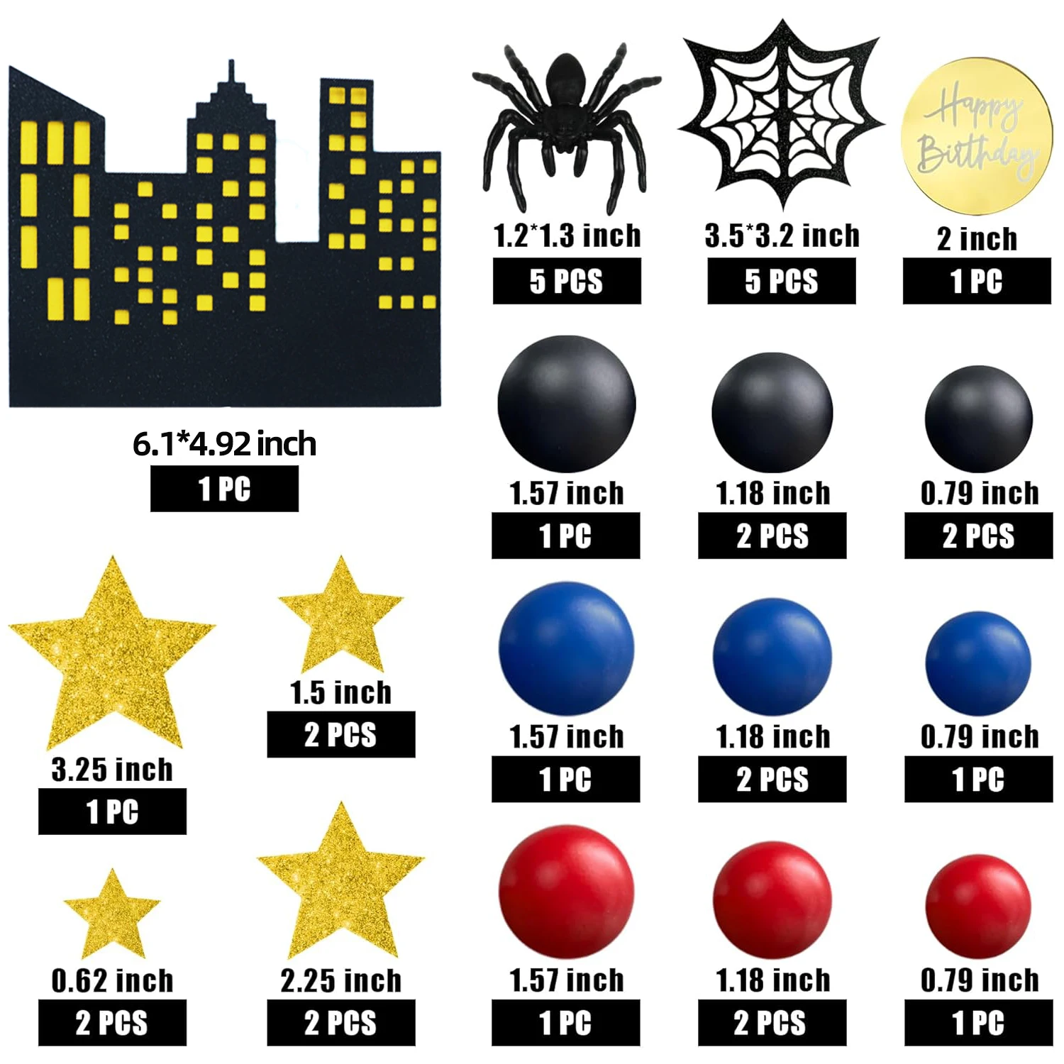 Spider Cake Topper with Black Red and Blue Balls Spiders Webs Stars City for Boys Men Birthday Party Baby Shower Supplies