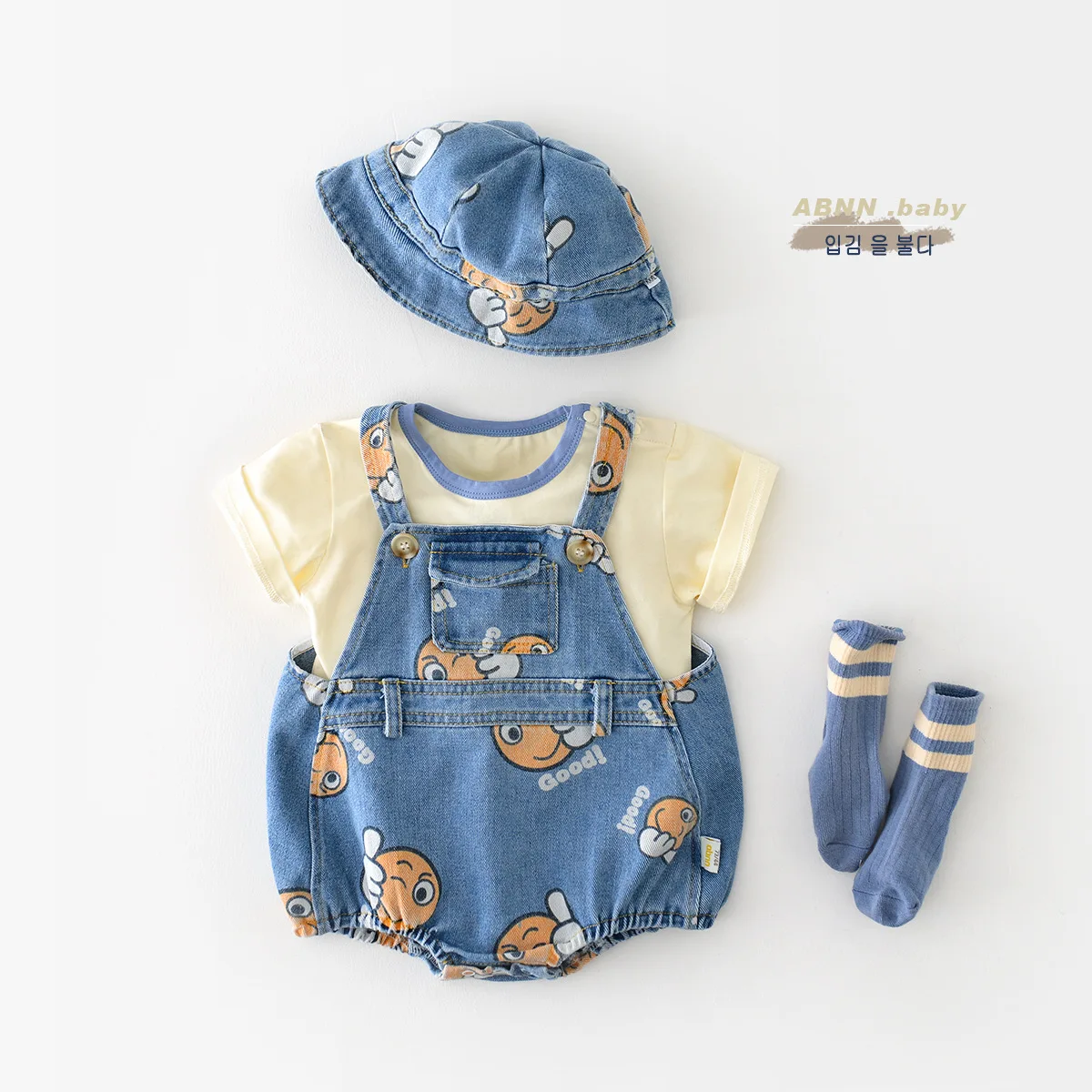 2PCS Summer Kids Baby Denim Bodysuit and Caps Suits One Piece Unisex Infant Boys Girls Soft Denim Clothing Jeans Jump Suits