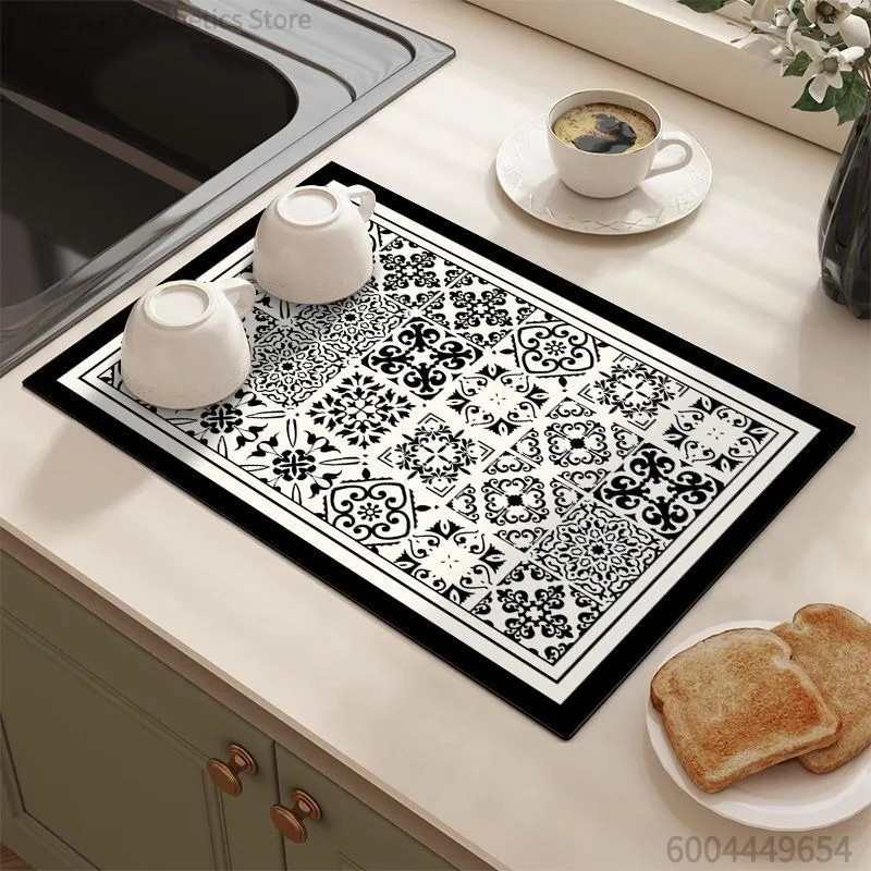 Retro Tile Pattern Absorbent Draining Mat Antiskid Quick Dry Kitchen Coffee Dish Drying Pad Farmhouse Cottage Style