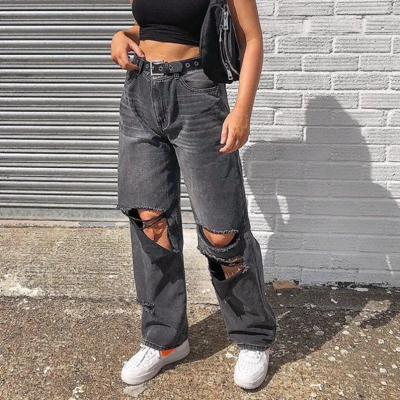 

Streetwear Fashion Women's Loose Ripped Denim Pants Distressed High Waist Straight Boyfriend Jeans Girls Casual Jean Trousers