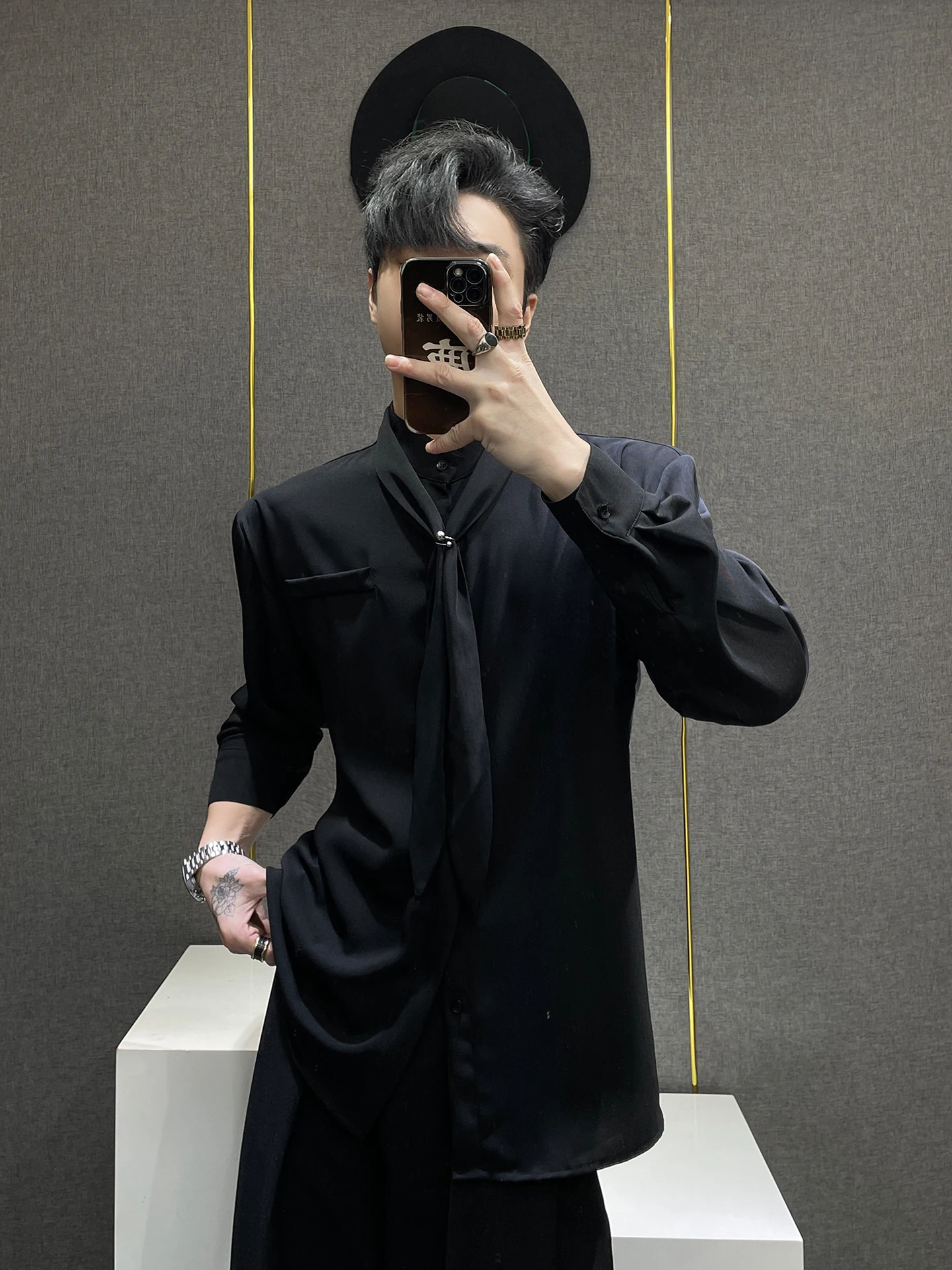 French Elegant High-End Tie Long Sleeve Shirt Casual Versatile Loose Design Personality Fashion Trend Top for Men