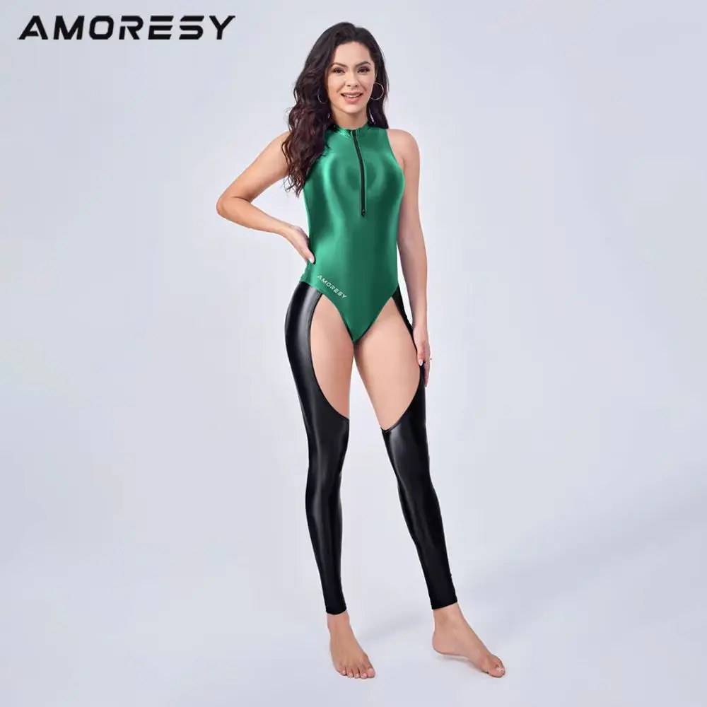 KNOW DREAM  One piece tight fitting clothing with silky front zipper jumpsuit Women's swimsuit