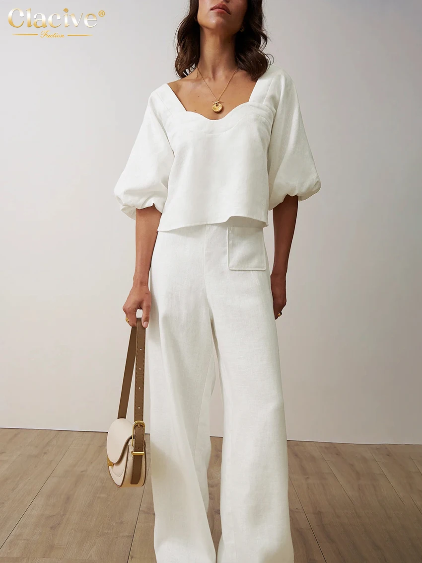 Clacive Fashion Loose White Cotton 2 Piece Set Women Outfit 2024 Summer Short Sleeve Shirt With High Waist Wide Pants Set Female