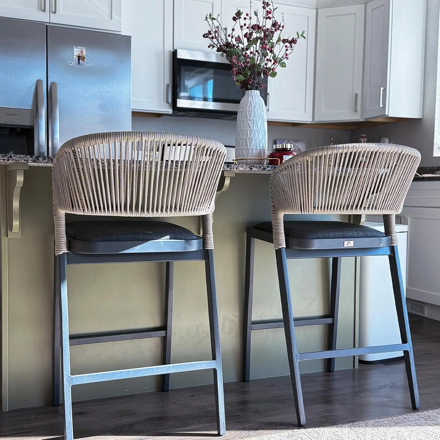Counter Height Bar Stool Set of 2 Outdoor Barstools, Dark Grey | Smooth Rounded-Edge Safety Design, Heavy-Duty Build Supports Up