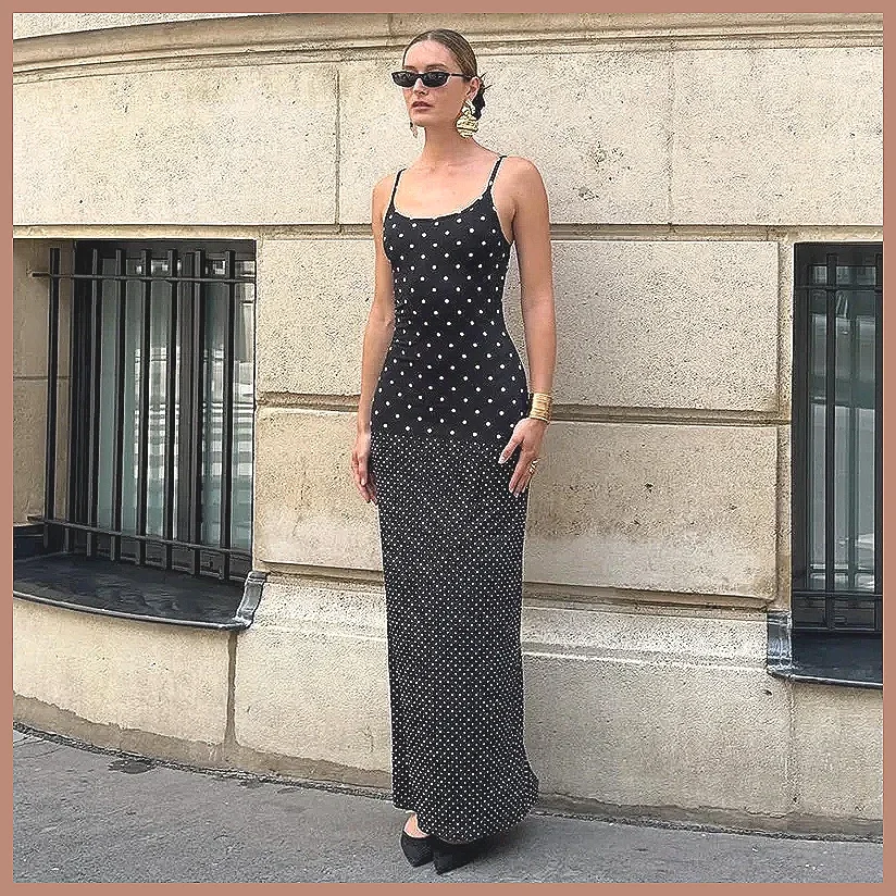 Gaun Maxi Polka Dot Retro untuk Wanita, Gaun Musim Panas Tanpa Lengan dengan Belahan, Gaun Pesta & Liburan Elegan Model Bodycon