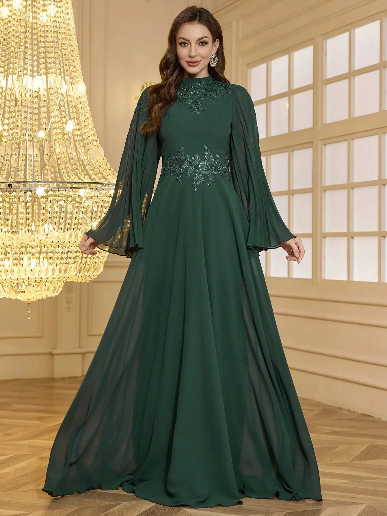 Emerald Green Long Sleeve High Neck Evening Gown with Sequin Embroidery and Bell Sleeves