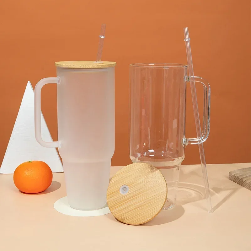 40OZ Glass Cup with Handle and Straw Lid Coffee Cup Reusable Transparent Bubble Tea Cup Juice Glass Beer Can Milk Mocha Cups