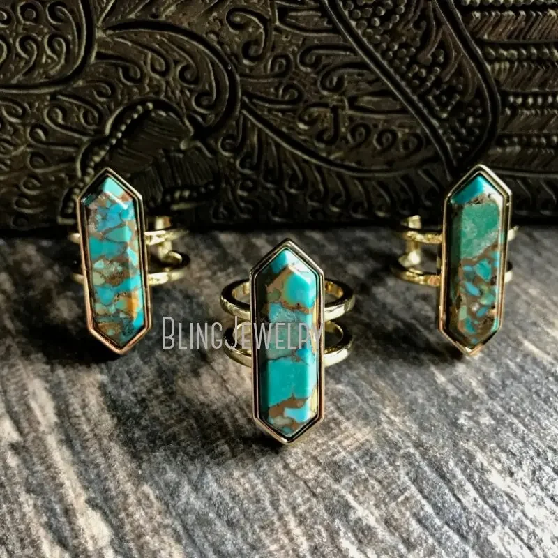 Imagem -03 - Anel de Noivado Boho Turquesa para Mulheres Pedra Azul Natural Faixa de Cor Dourada Jóias Retro em Aço Inoxidável 10 Peças