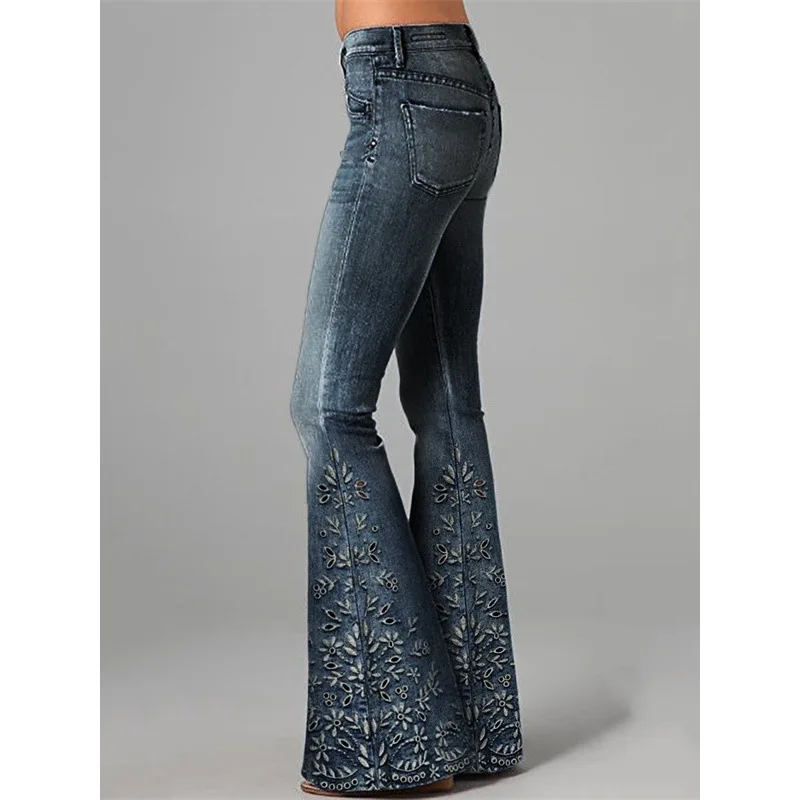 Pantalones acampanados de mezclilla adelgazantes para mujer, estampado Digital, cintura alta, pierna larga, tela de poliéster, estilo dulce fresco, moda 2025