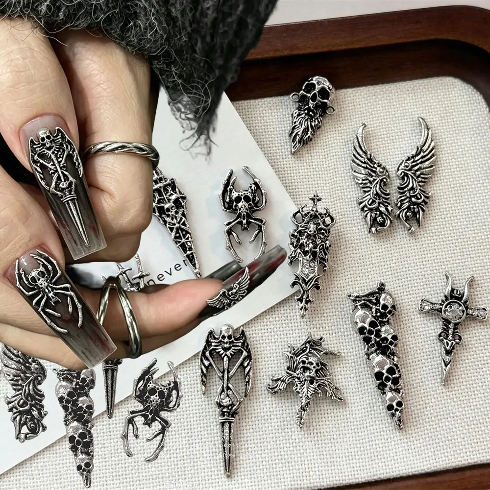 10Pcs Halloween Gothic 3D Alloy Silver Nail Charms Punk Skull Spider Skeleton Wing Nail Metal Decoration DIY Manicure Supplies