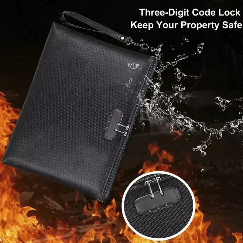 Fireproof Waterproof Portable Zipper Bag With Lock Document Envelope File Folder Cash Pouch Home Office Money Bag Safe Bag