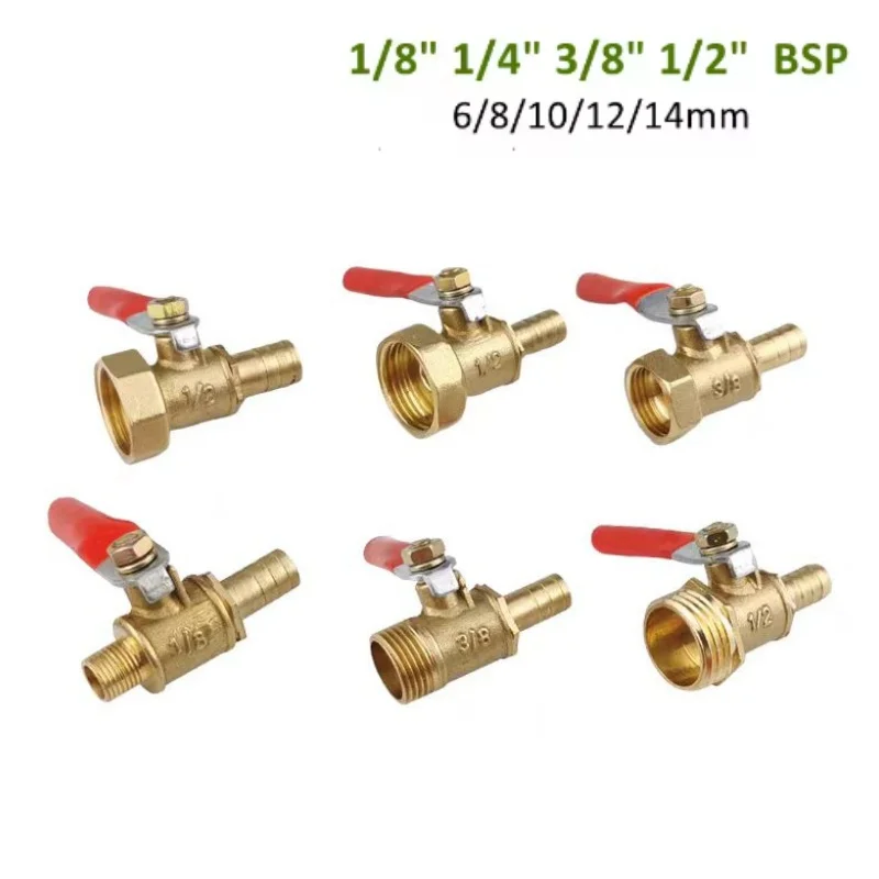 Brass Barbed Ball Valve 1/8 3/8'' 1/4'' Male Female Thread Connector Joint Copper Pipe Fitting Coupler Adapter 8/10/12mm Hose Ba