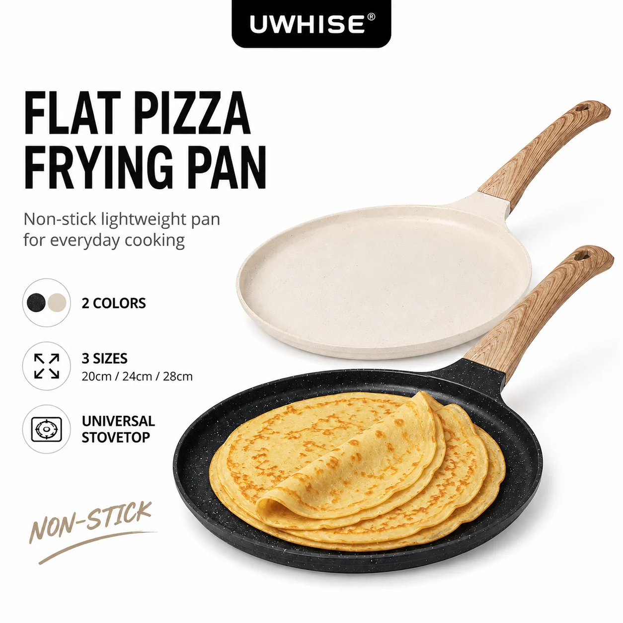 Uwhise Padella Antiaderente per Crepes e Pancake 20/24/28CM con Rivestimento in Granito per Induzione e Gas, per Colazione, Uova e Pizza