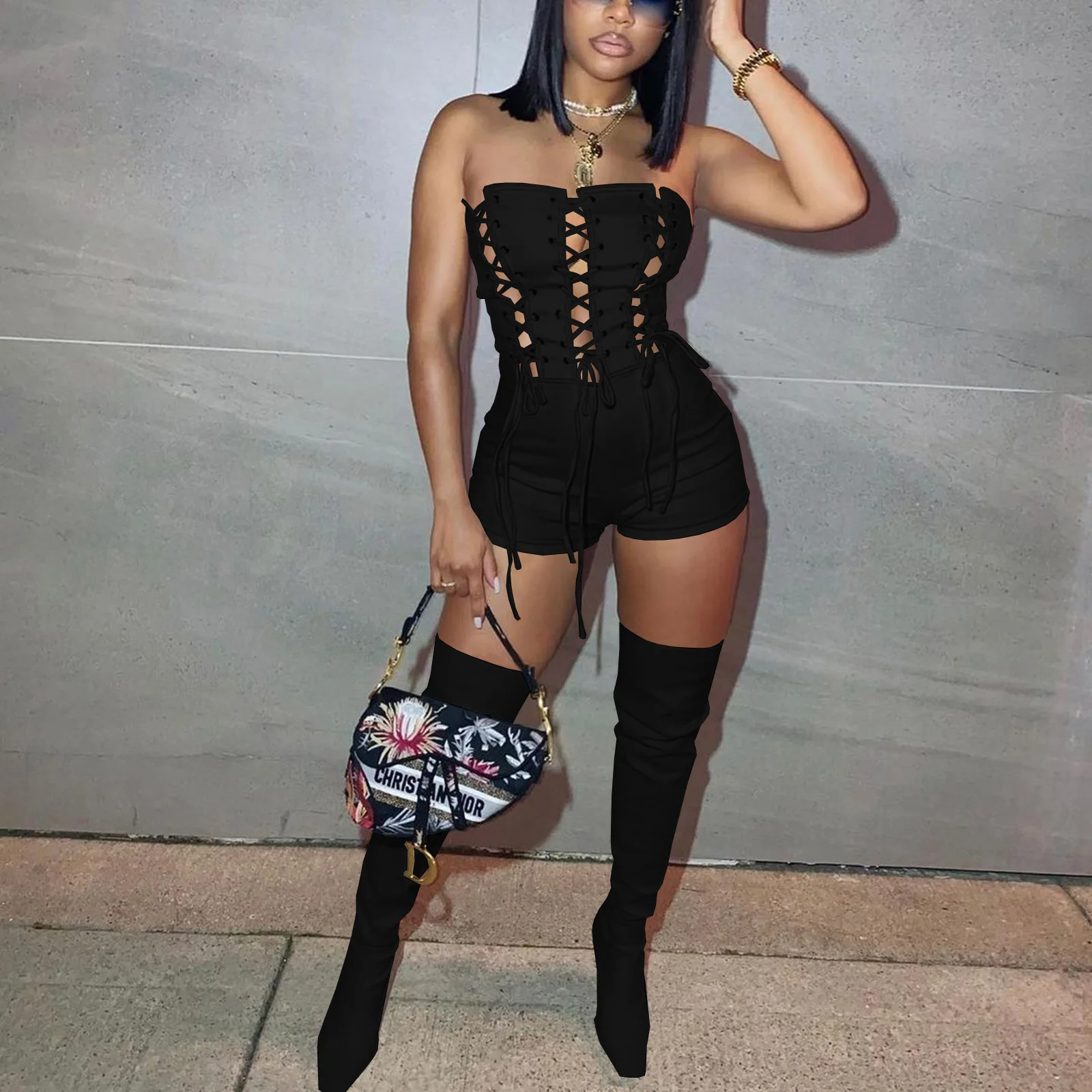 Fashion Bandage Grommet Hollow Out Jumpsuit Sexy Strapless Bodycon One Piece Streetwear Playsuits Women Clothing Club Bodysuit