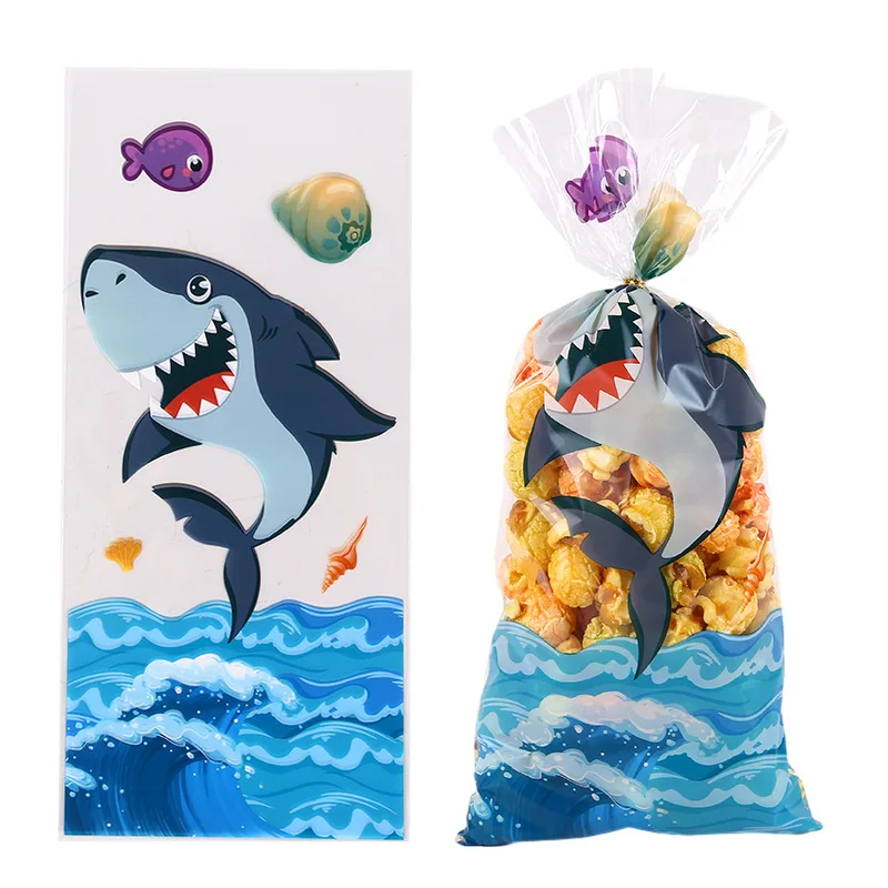 50pcs Cute Cartoon Shark Head Transparent Opp Bag, Ocean Animals Printed Gift Candy Packaging Strip Flat Bags With Gold Ribbon