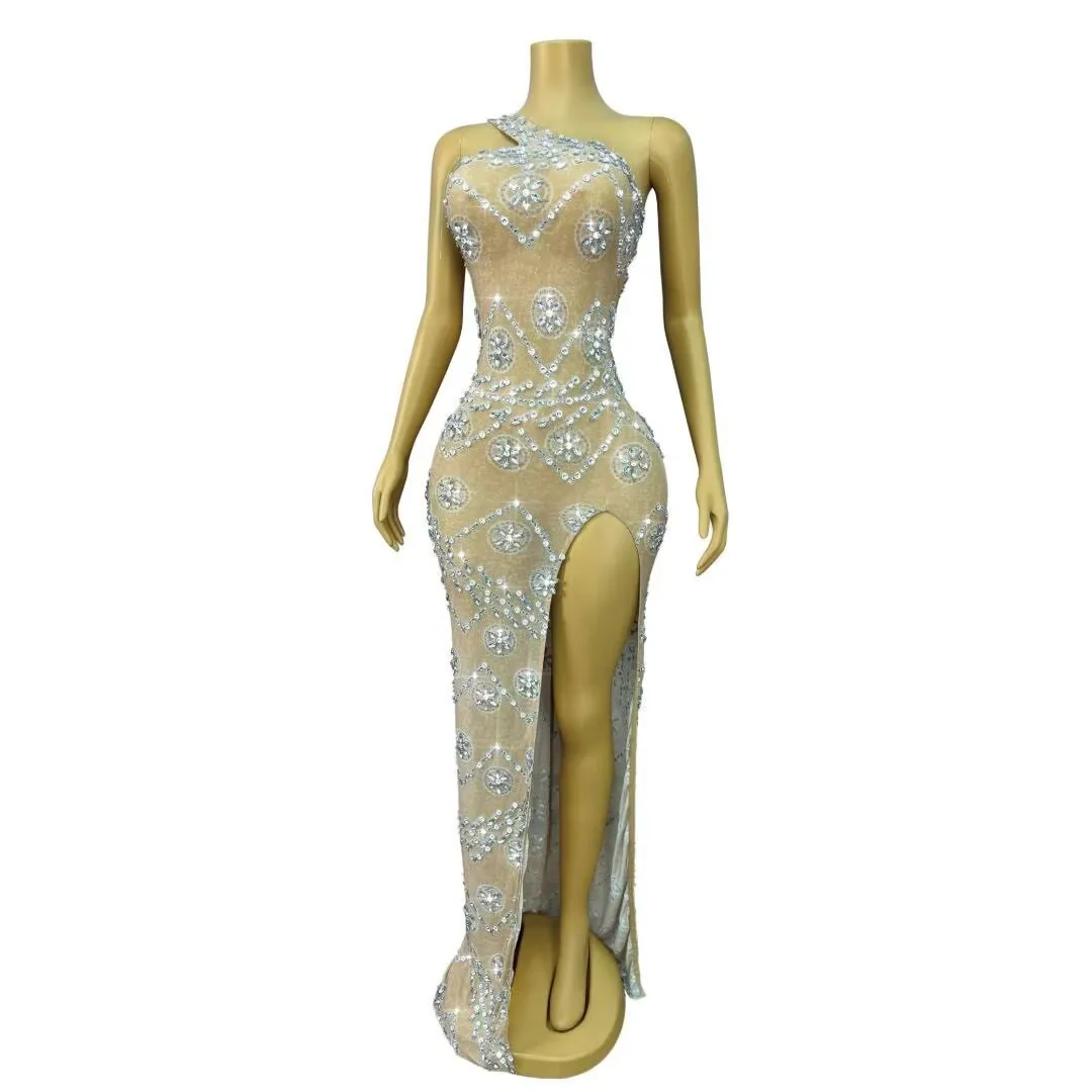 Luxury Sexy Shining Rhinestones High split Dress Evening Cocktail Birthday Party Gown Red carpet Show Photo Shoot Stage Wear view 4