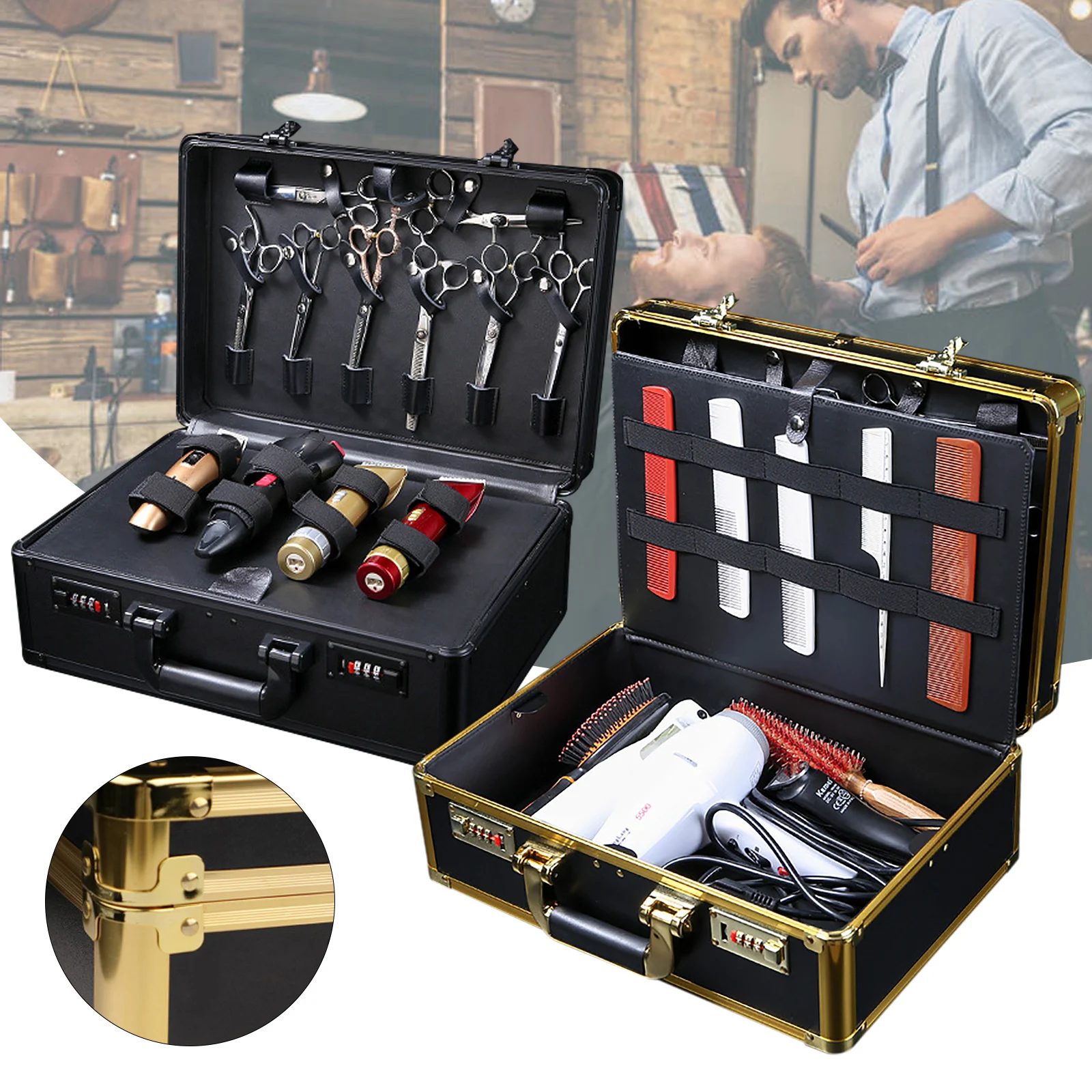 Professional Gold Black Aluminum Suitcase Barber Tool Salon Hairdressing Accessories Atorage Case Carrying Travel Box