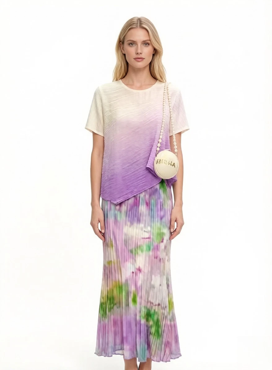 

Miyake Pleated 2026 New Gentle Style Gradient Women's Short Sleeve Printed Age-Reducing Slim Fit Skirt Fashionable Women's Set