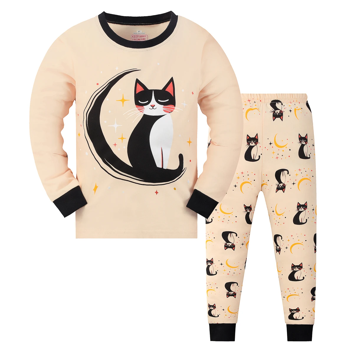 Cartoon kitten print long-sleeved and long-pants pajama set for girls, suitable for girls aged 2 to 9