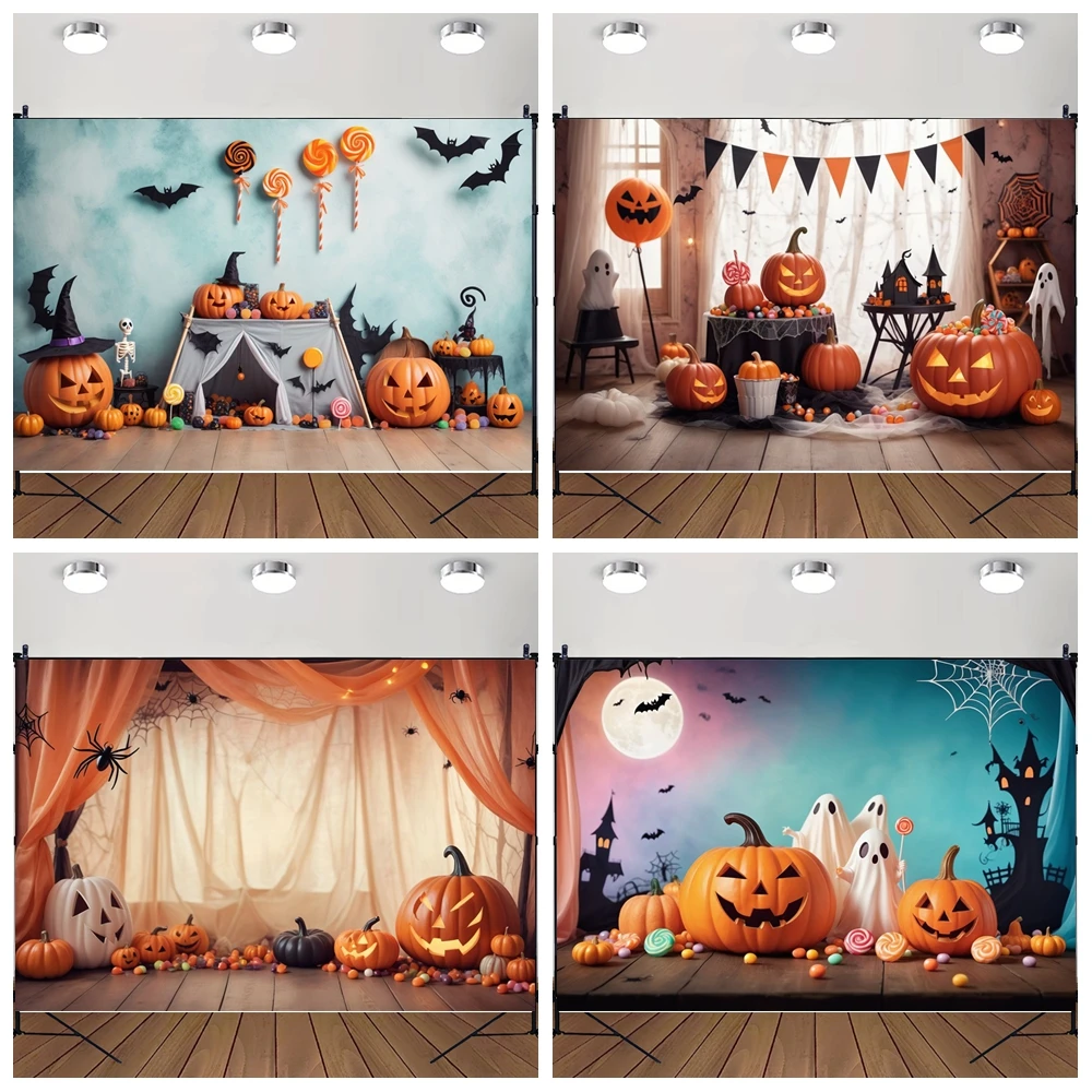 

MOON.QG Photo Background Cottages Jack O'Lanterns Fantasy Halloween Night Photography Backdrop Decoration Photobooth Photozone