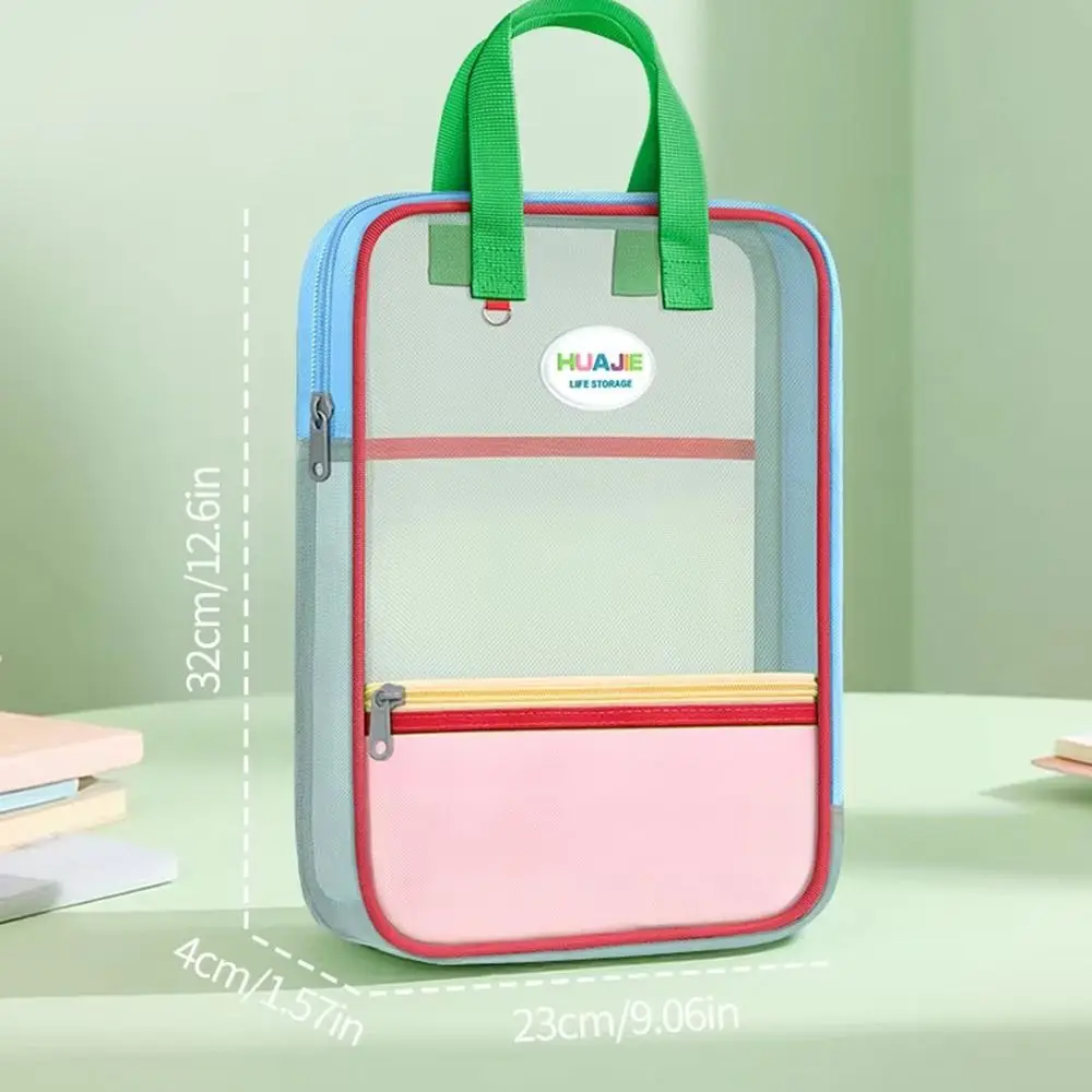 Large Capacity L-shape Large Opening File Bag Transparent Handheld Mesh Folder Tutoring Bag School Office