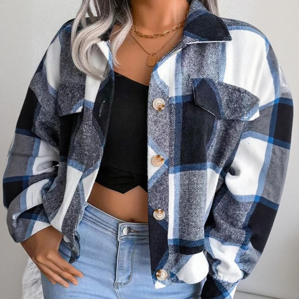 

Женская повседневная клетчатая куртка с длинными рукавами, осенняя облегающая уличная одежда с лацканами, верхняя одежда