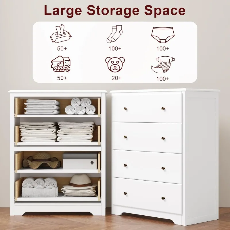 HOUSUIT Commode blanche, commode à 4 tiroirs, commode haute moderne, armoire de rangement à tiroirs en bois, blanc ivoire