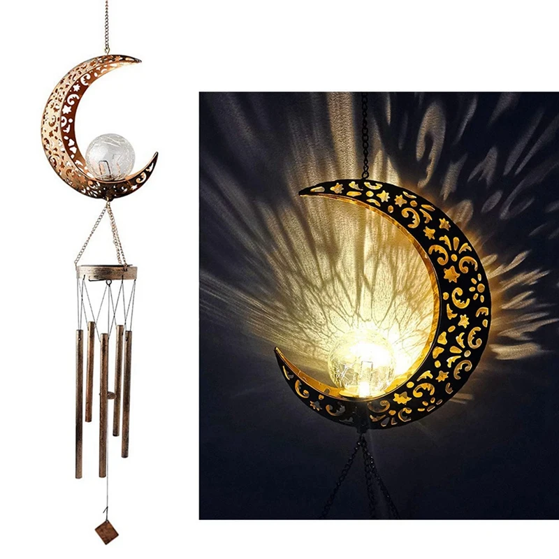 Lua Wind Chime Lamp, Wind Bell Pendant, LED, Outdoor Solar Wind Chimes, Crackle Bola De Vidro, Decoração Do Jardim, Windchimes