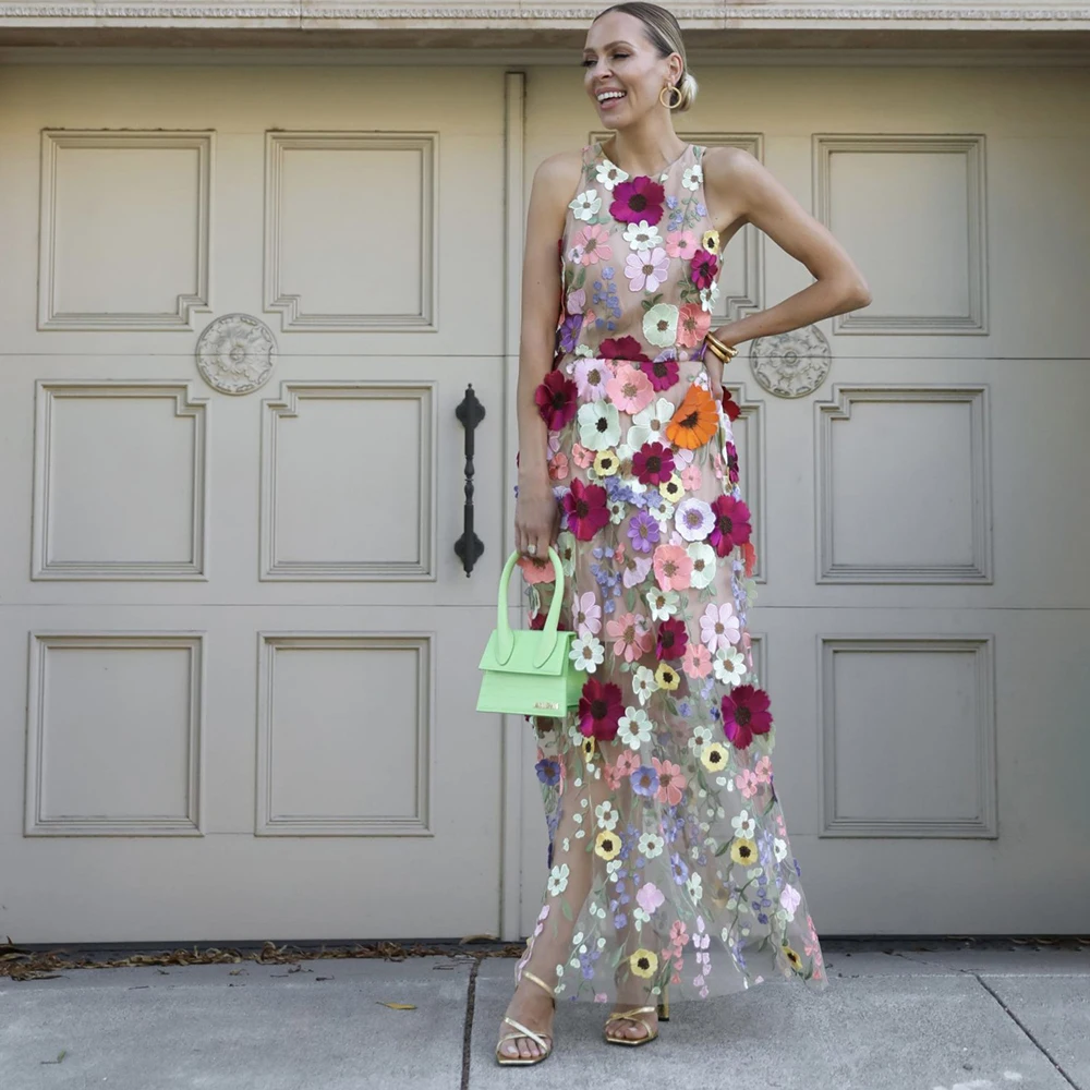 Bloemen Tule Geborduurde Jurk Recht Op Maat Gemaakt 3d Kleurrijke Daisy Bloemen Enkellengte Celebrity Halter Ronde Avondjurk