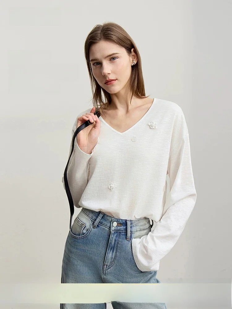 

Spring New Style Women's Loose Fit Cotton T-shirt V-neck Bead Flower Pure Cotton Silk Lustrous Bamboo Fiber Heart Pattern