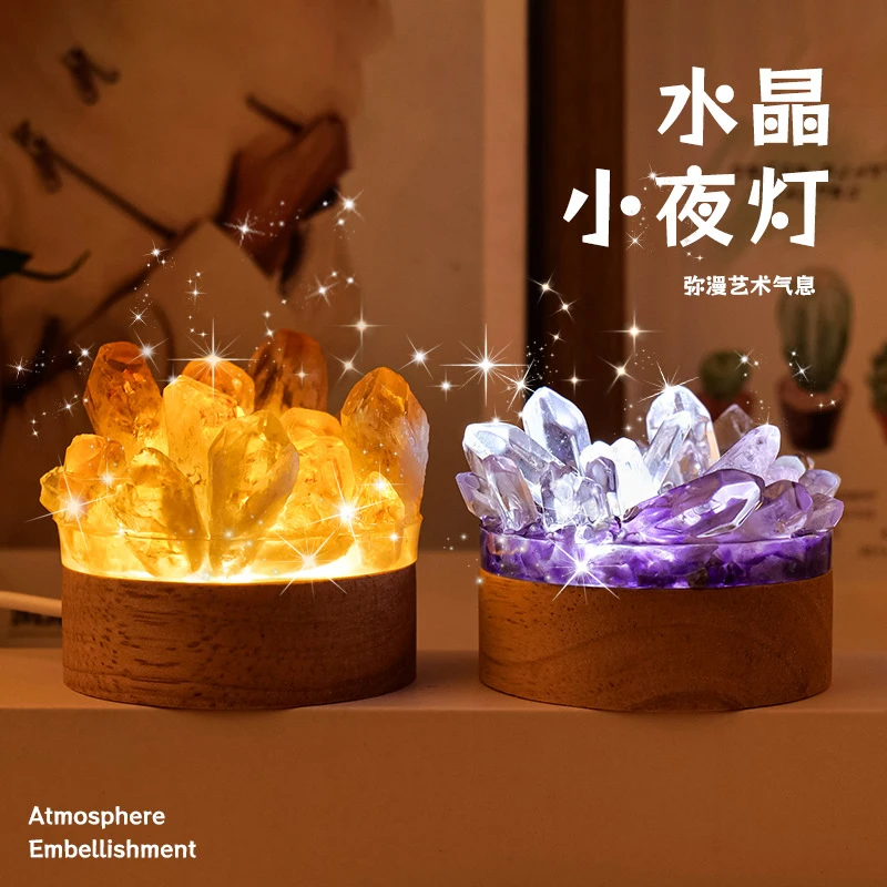 Cozy Crystal Night Light, Wooden Base, Indoor Decorative Amethyst Mood Lamp Bedroom Creative Gift Decorative Ornament