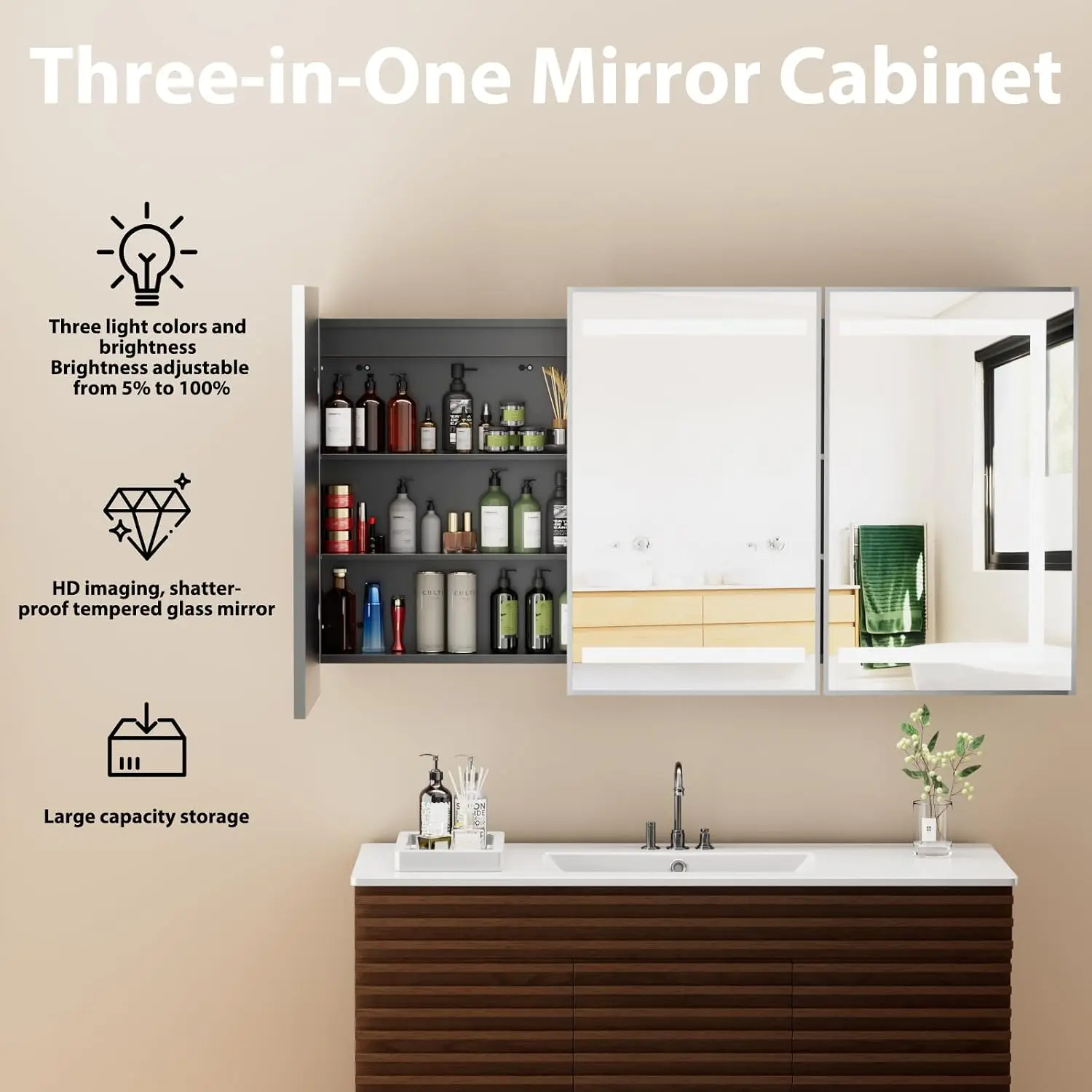 Led Medicine Cabinet Mirror Bathroom Vanity Shelves 3-Color Lights Dimmer Silver 32